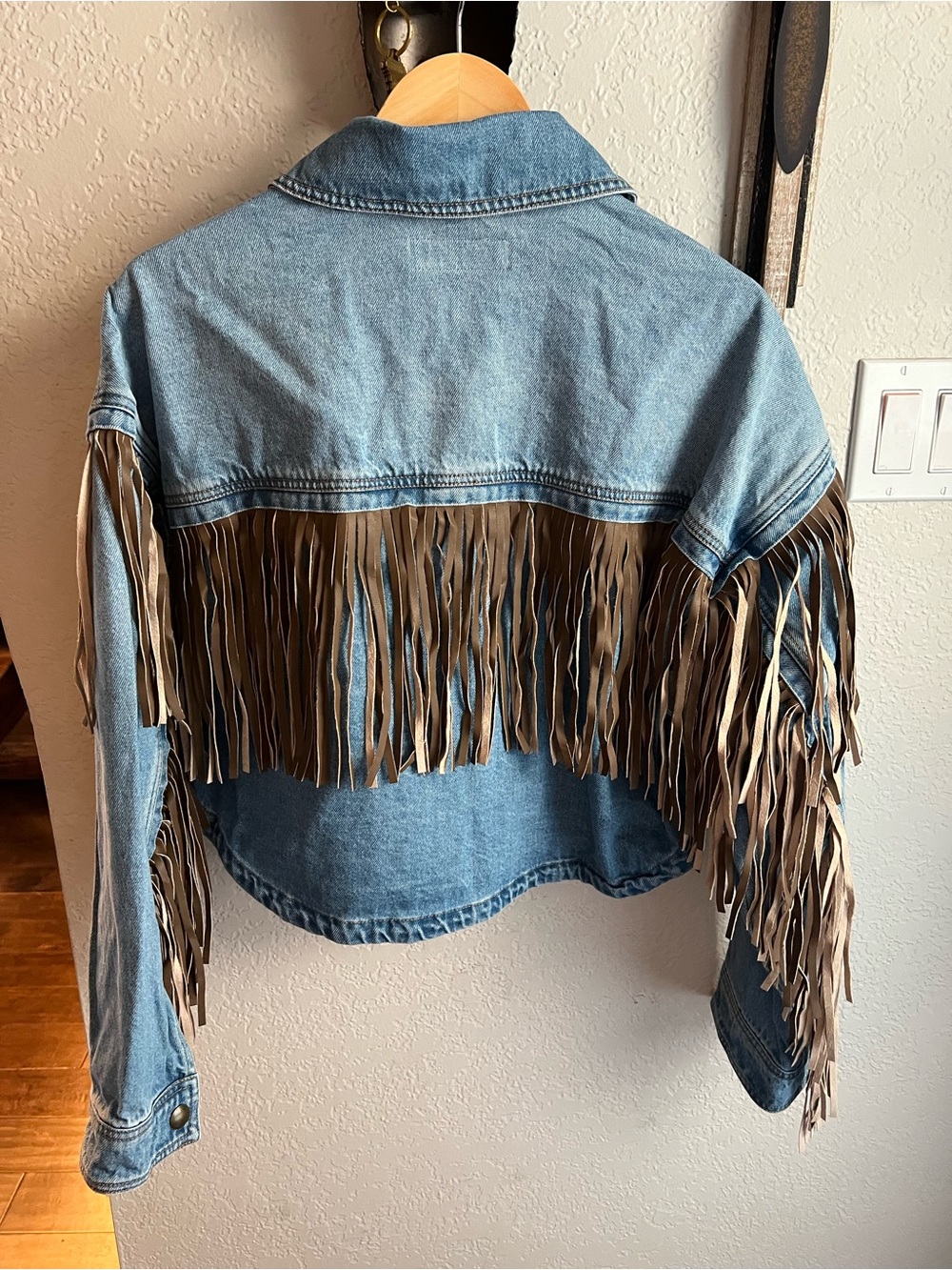 Blank NYC Light Blue Denim Jacket with Tan Fringe - Picture 2 of 4